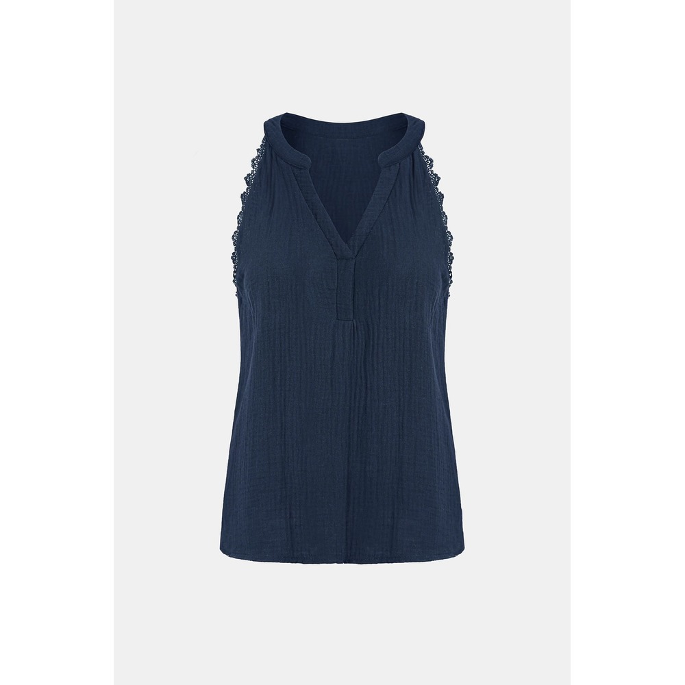 Love Life Navy Blue Crinkle Gauze Sleeveless Crochet‎ Lace Trim Top XL NEW